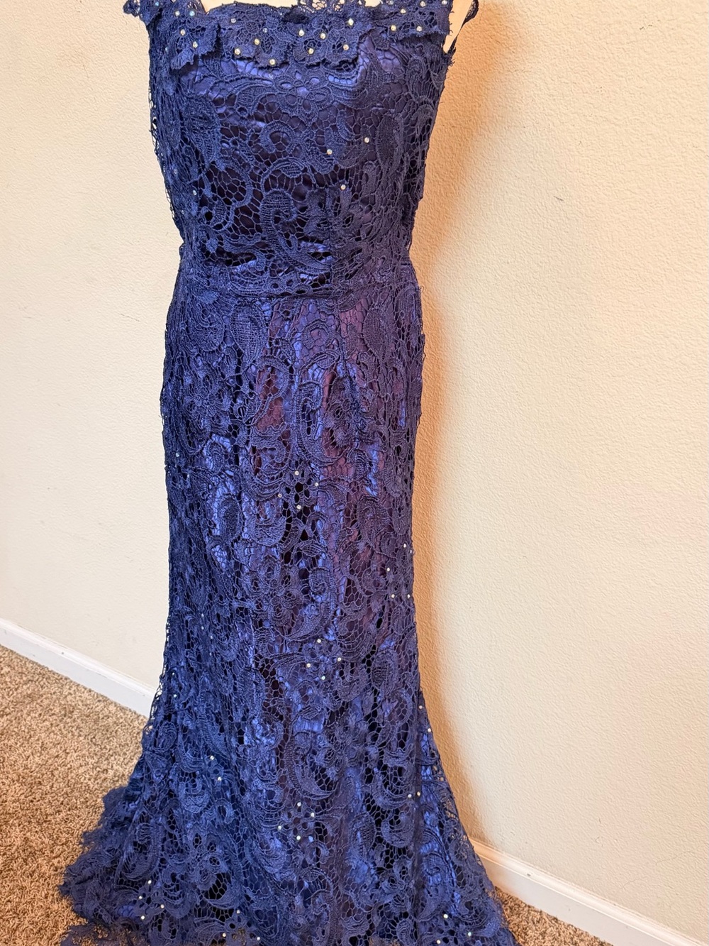 Navy Lace Maxi Dress with Beaded Embellishments